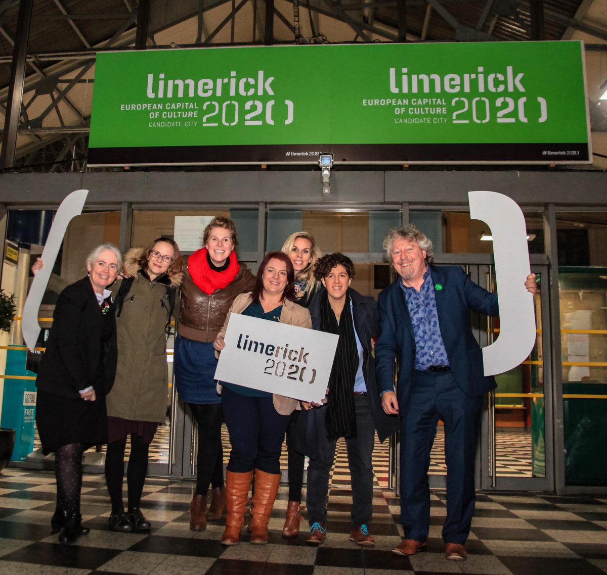 Members of the Limerick 2020 bid team pictured at Colbert Station, Limerick, on their return home from Friday's official European Capital of Culture presentation From left to right - Sheila Deegan, Mary Conlon, Kathleen Turner, Evelyn Noonan, Kathy O'Grady, Dominique Bouchard and Mike Fitzpatrick. Picture: Munster Images