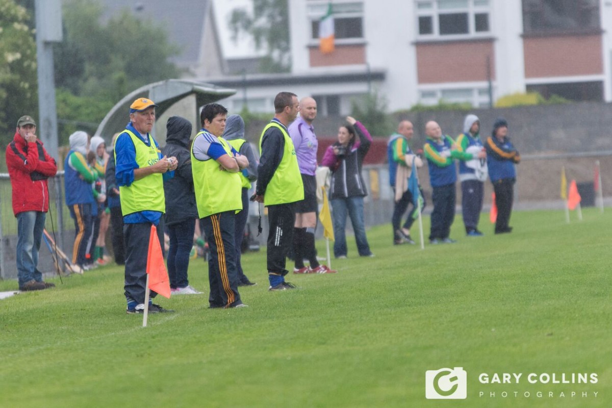 The Clare management look on from the sideline at O'Garney Park, Sixmilebridge. Pic: Gary Collins