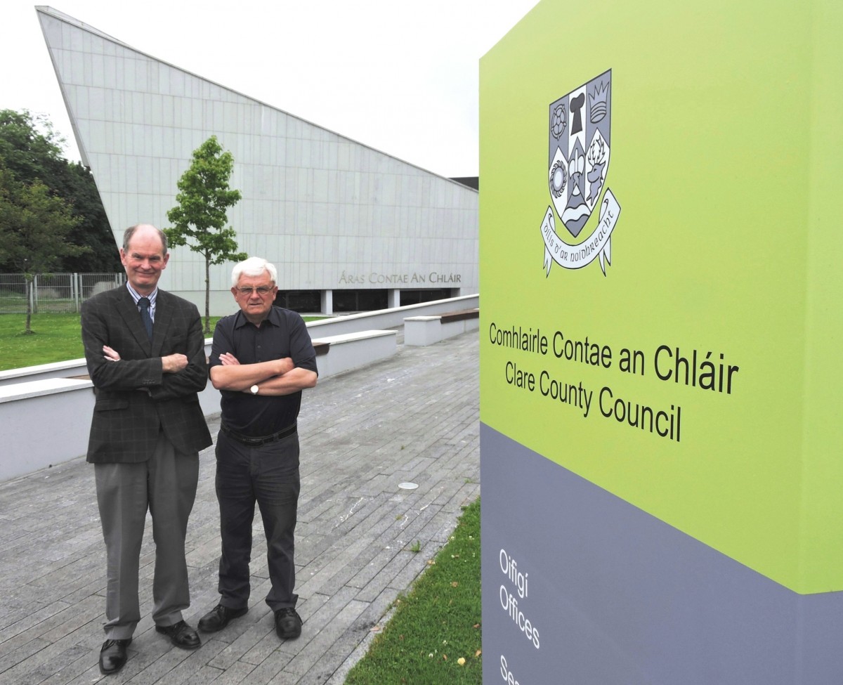 Ger O’Brien from Ogonnelloe and Paddy Cusack from Lisdoonvarna of Clare County Council’s General Design office pictured outside Áras Contae an Chláir ahead of their retirement this Friday. 