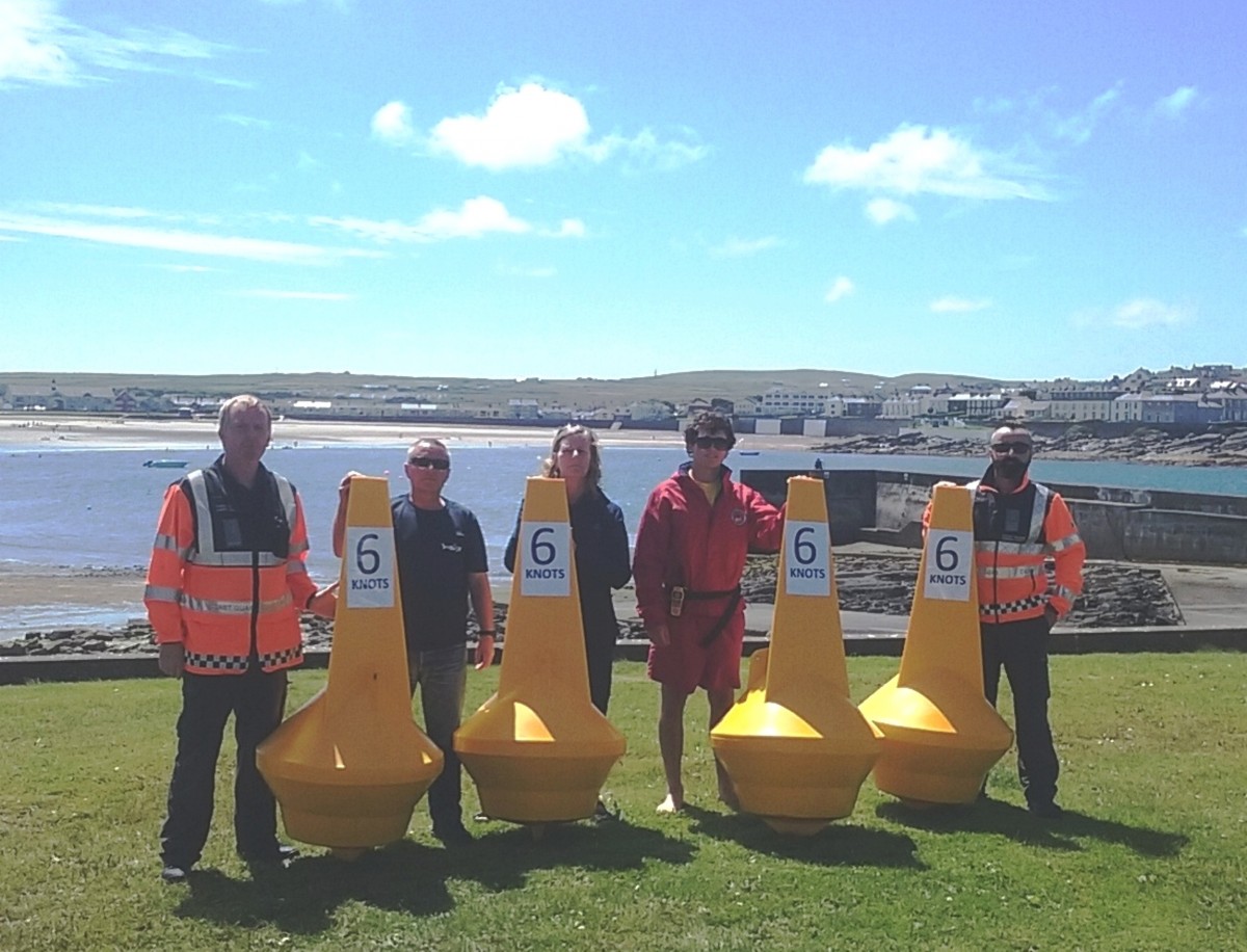 Pictured with the marker buoys in Kilkee, Co. Clare (L-R) James Lucey (Irish Coastguard), Robert Tweedy (Kilkee Sub Aqua Club), Clare McGrath (Clare County Council), Seamus Downes (Kilkee-based Lifeguard), Martony Vaughan (Irish Coastguard)