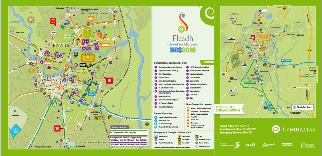 Details of venues, caravan/camping, park & ride, and traffic management during the Fleadh.