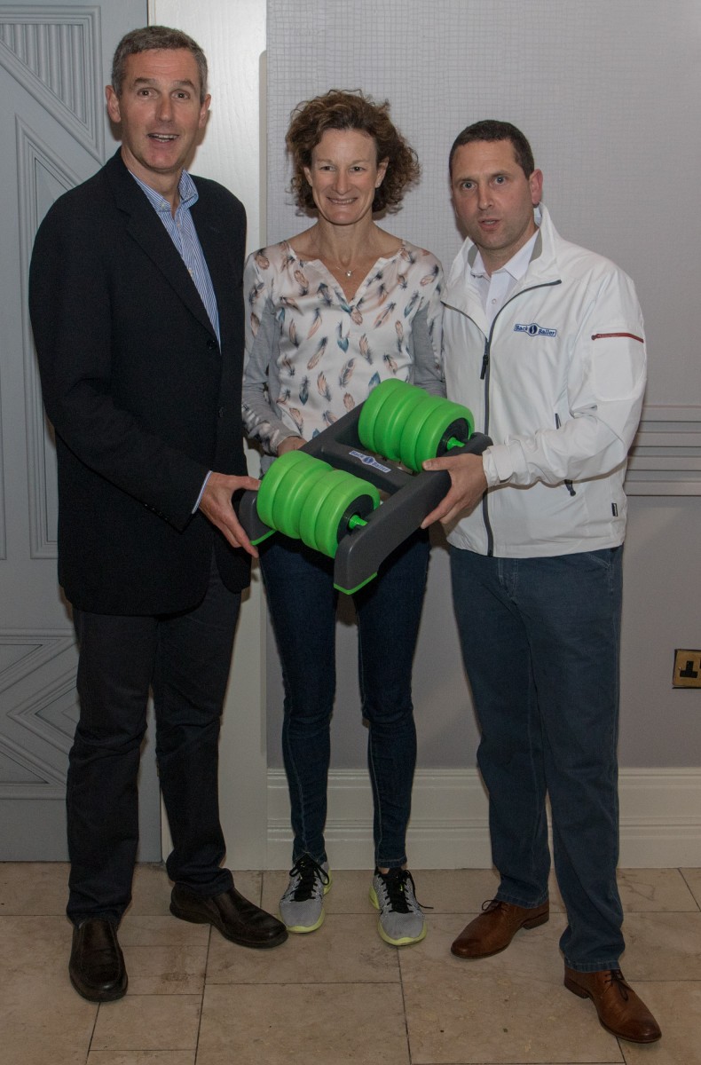 Ger Hartmann and Sonia O'Sullivan launching BackBaller with inventor Noel Marshall in Shannon last week