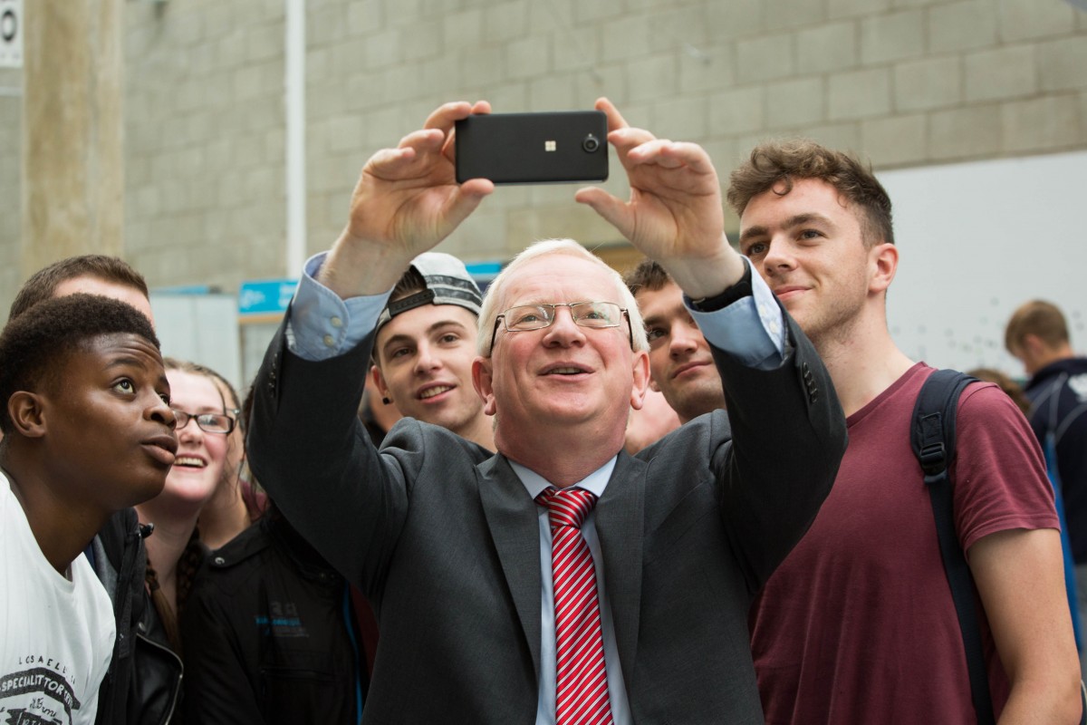 LIT President, Vincent Cunnane takes a selfie with new students. Pic: Sean Curtin