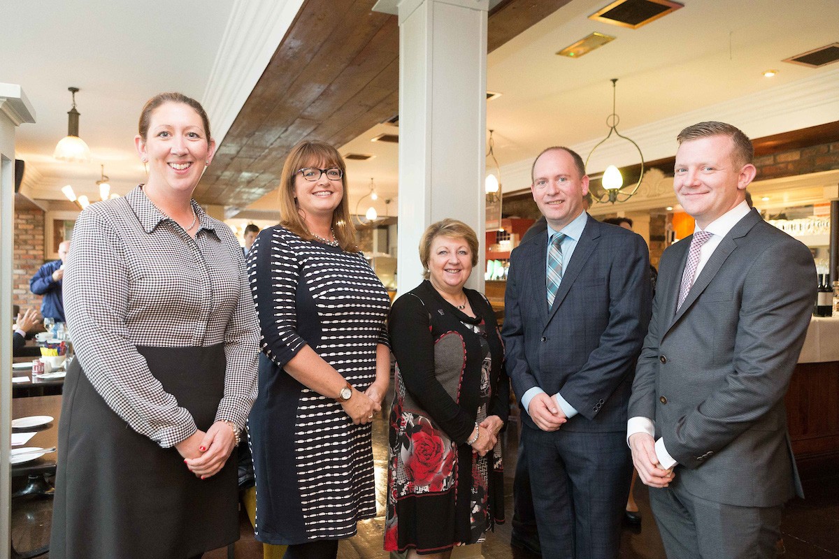 Helena Doody, Tracy Hegarty, Kate O'Connell, Shannon College of Hotel Management with Dermott Kelly and John Gavin,  owner/directors Shannon Springs attending the launch of the newly renovated Shannon Springs Hotel and the new wok station and lunch time buffet menu. Photograph by Eamon Ward