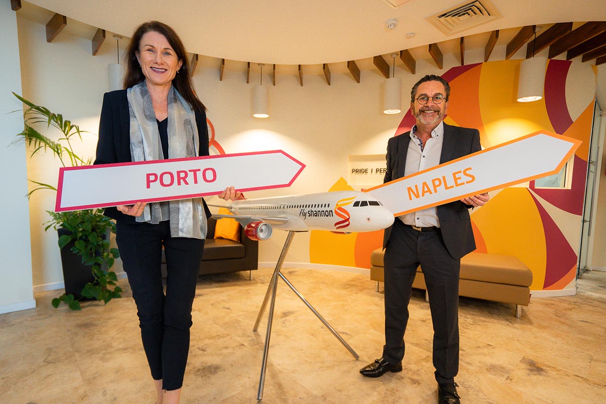 CEO of The Shannon Airport Group, Mary Considine with Shannon Airport's Head of Aviation Development, Declan Power welcoming two new routes to Naples and Porto from Shannon Airport with Ryanair for Summer '23.